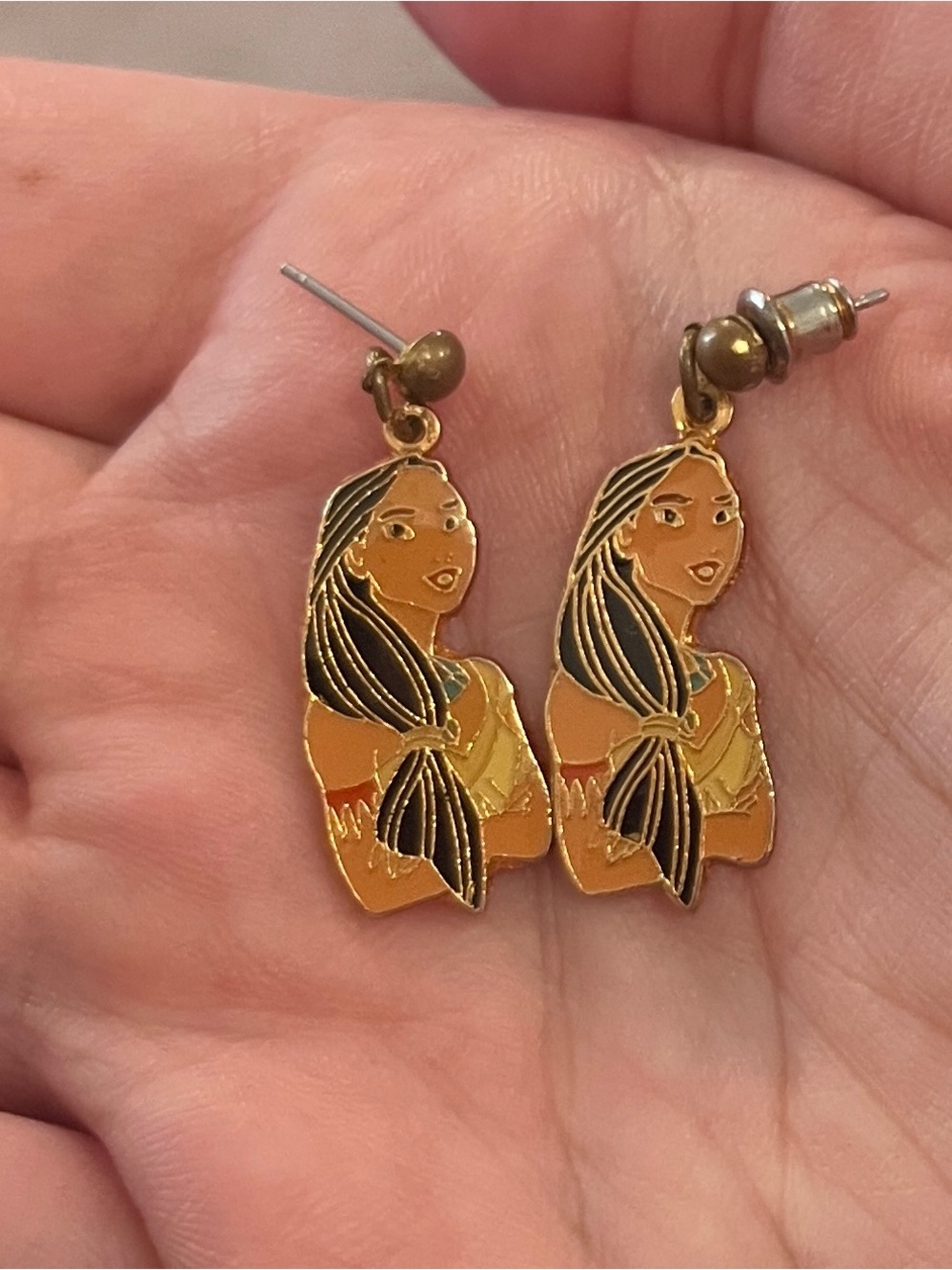 Vintage 90s Disney Pocahontas Enamel Dangle Earrings Stamped Disney 1995
